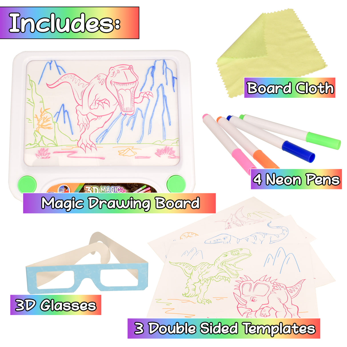 3D Neon Drawing Board with Dinosaur Templates